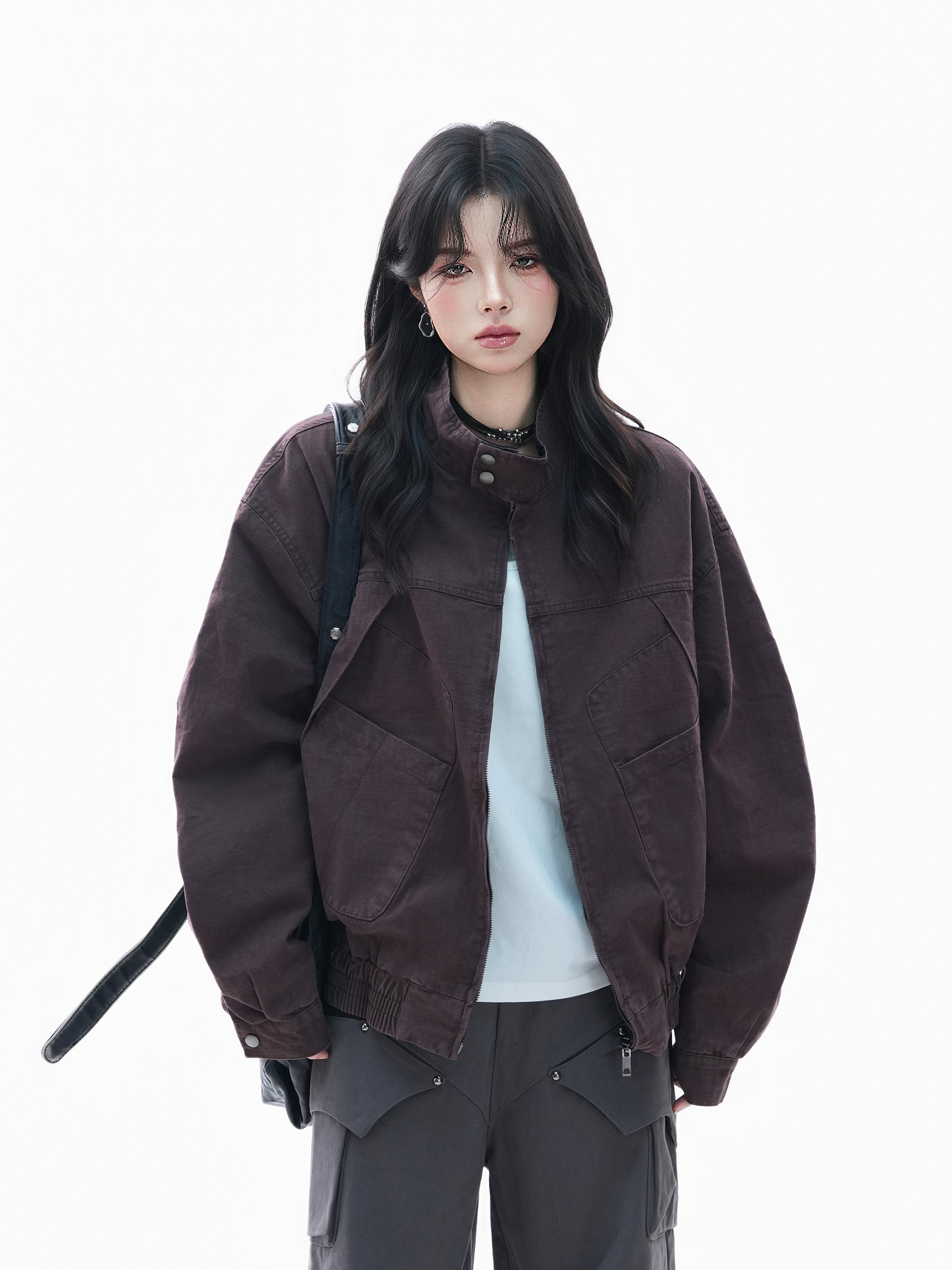 Women Loose Fit Vintage Jacket Washed Stand Collar Short Casual Coat