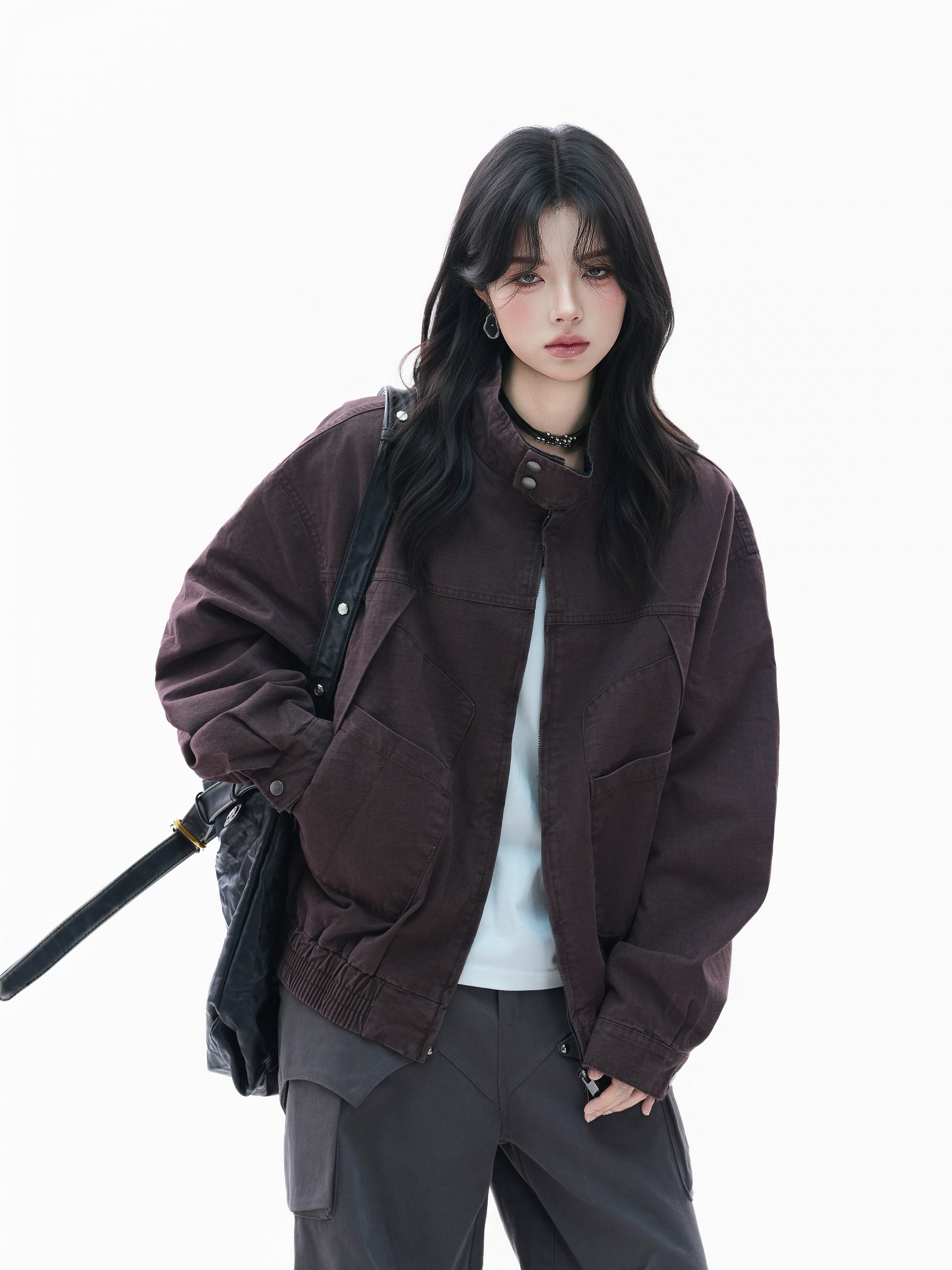 Women Loose Fit Vintage Jacket Washed Stand Collar Short Casual Coat