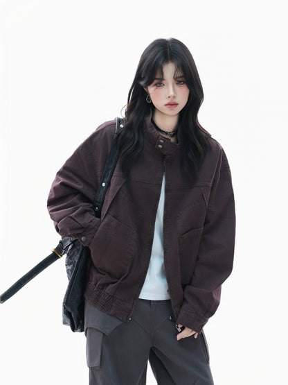 Women Loose Fit Vintage Jacket Washed Stand Collar Short Casual Coat