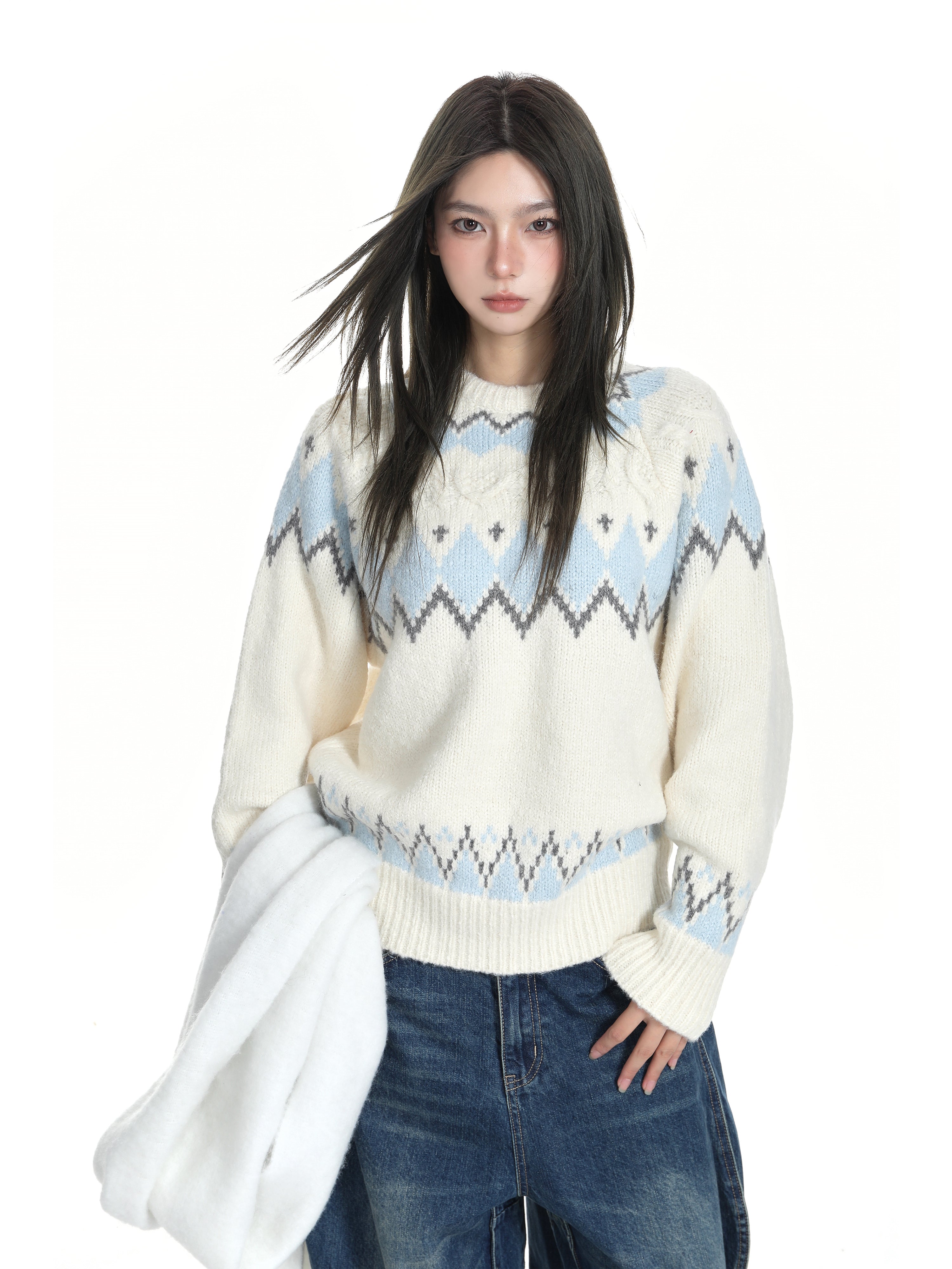 White Oversized Fair Isle Sweater for Women Cozy Thick Fall Winter Knit