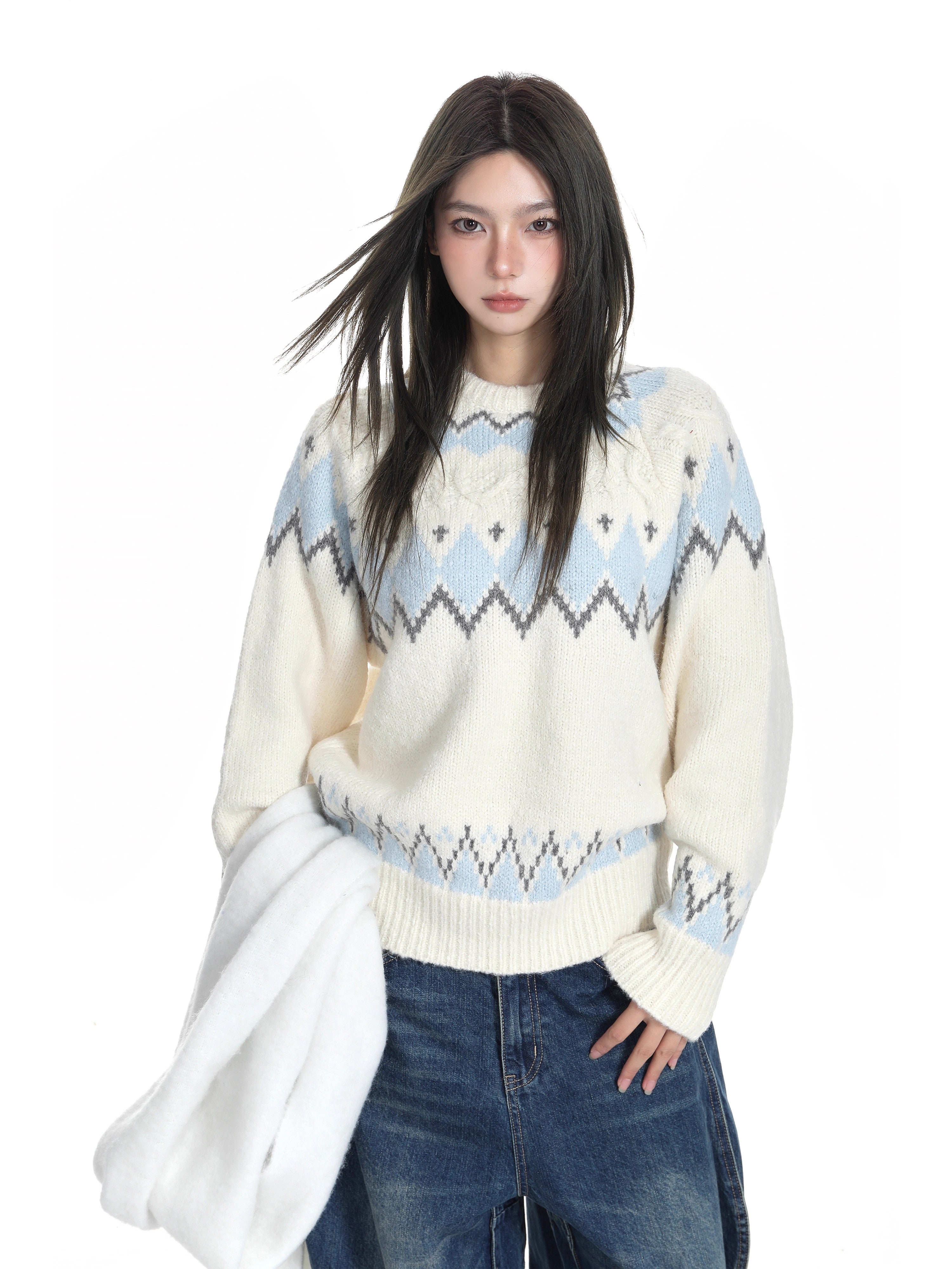 White Oversized Fair Isle Sweater for Women Cozy Thick Fall Winter Knit