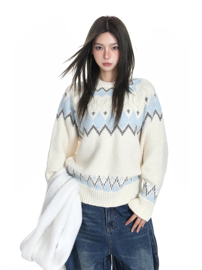 White Oversized Fair Isle Sweater for Women Cozy Thick Fall Winter Knit
