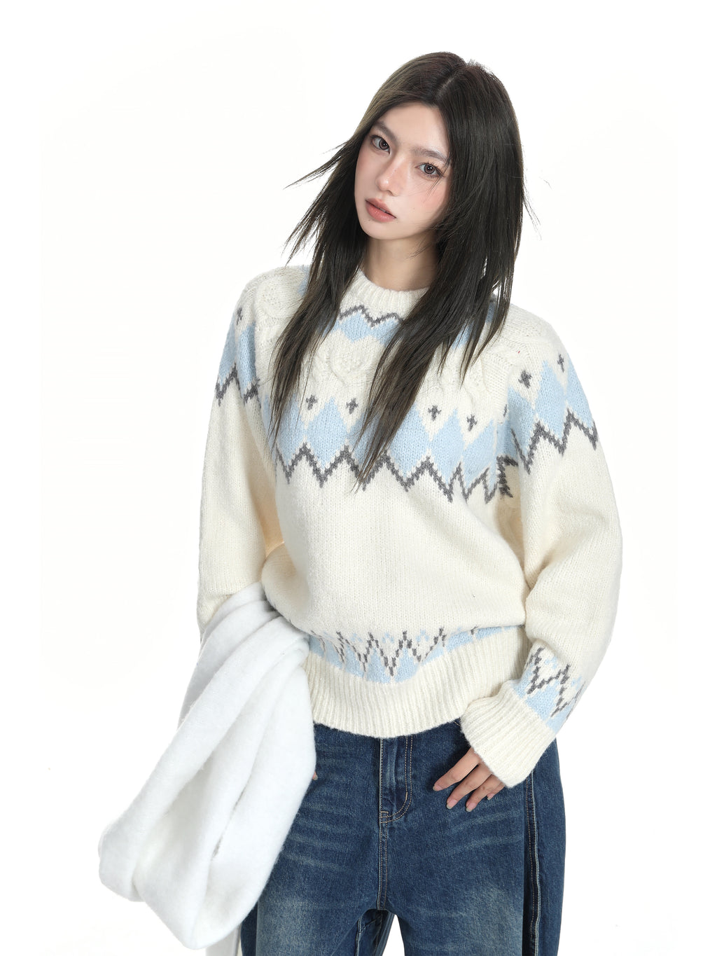 White Oversized Fair Isle Sweater for Women Cozy Thick Fall Winter Knit