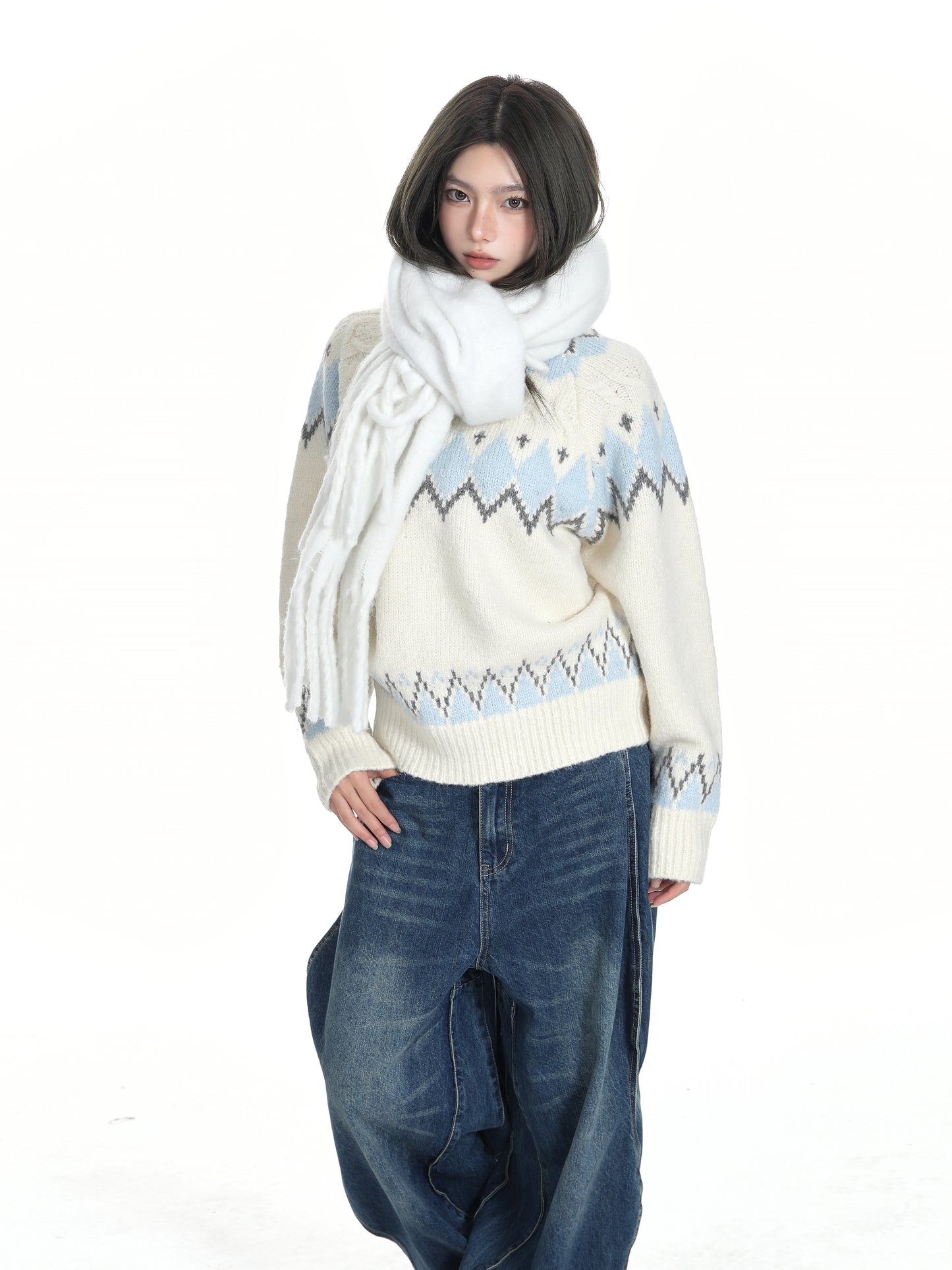 White Oversized Fair Isle Sweater for Women Cozy Thick Fall Winter Knit