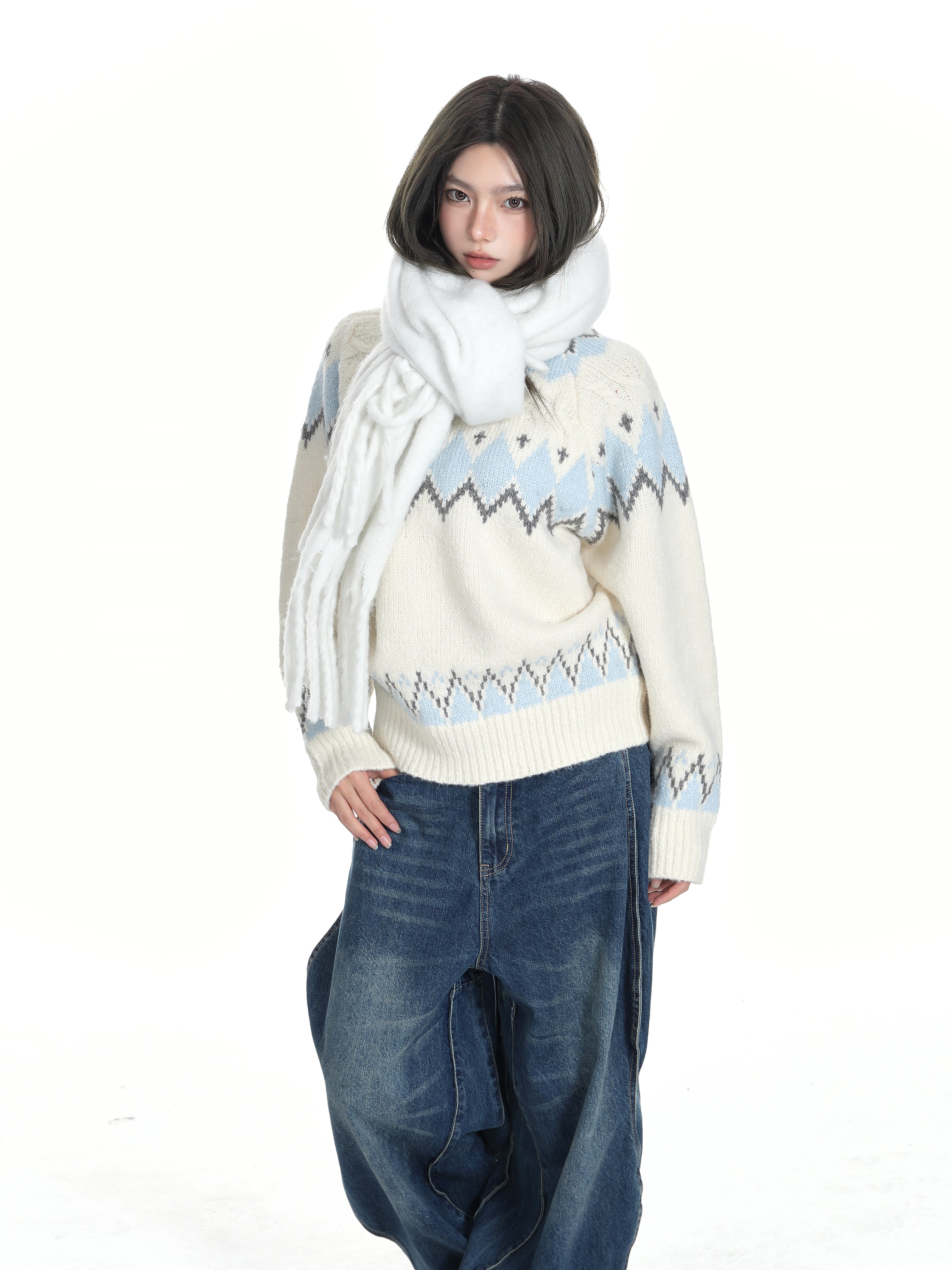 White Oversized Fair Isle Sweater for Women Cozy Thick Fall Winter Knit
