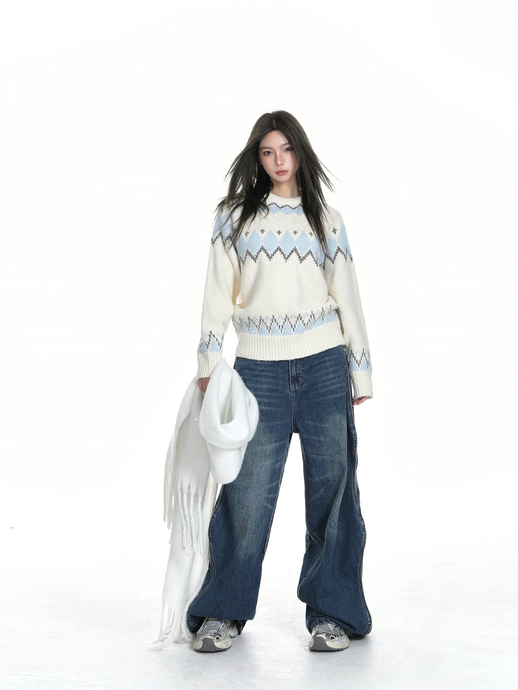 White Oversized Fair Isle Sweater for Women Cozy Thick Fall Winter Knit
