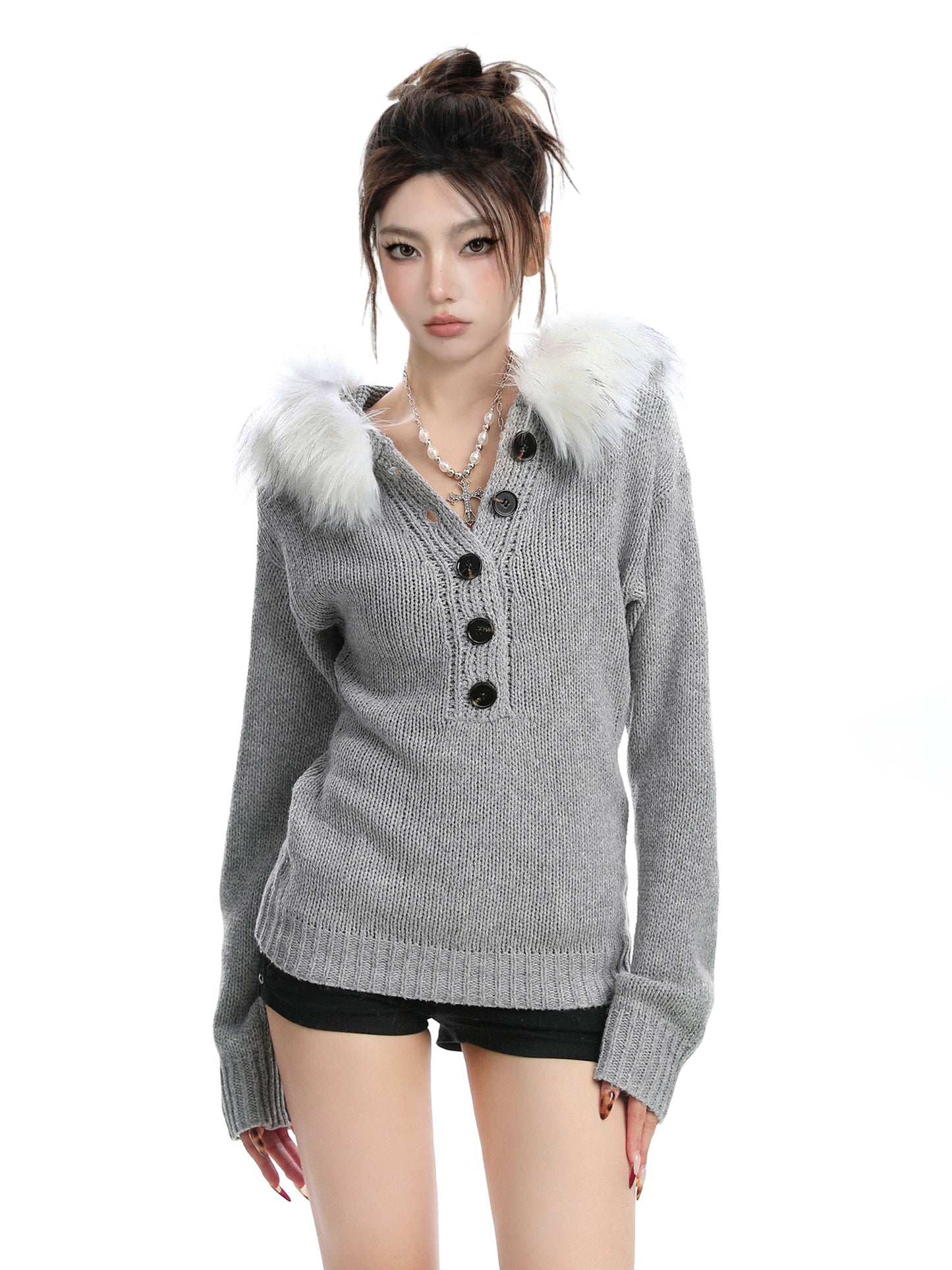 Women Slim Fit Gray Henry Neck Sweater Hooded Detachable Fur Winter Knit