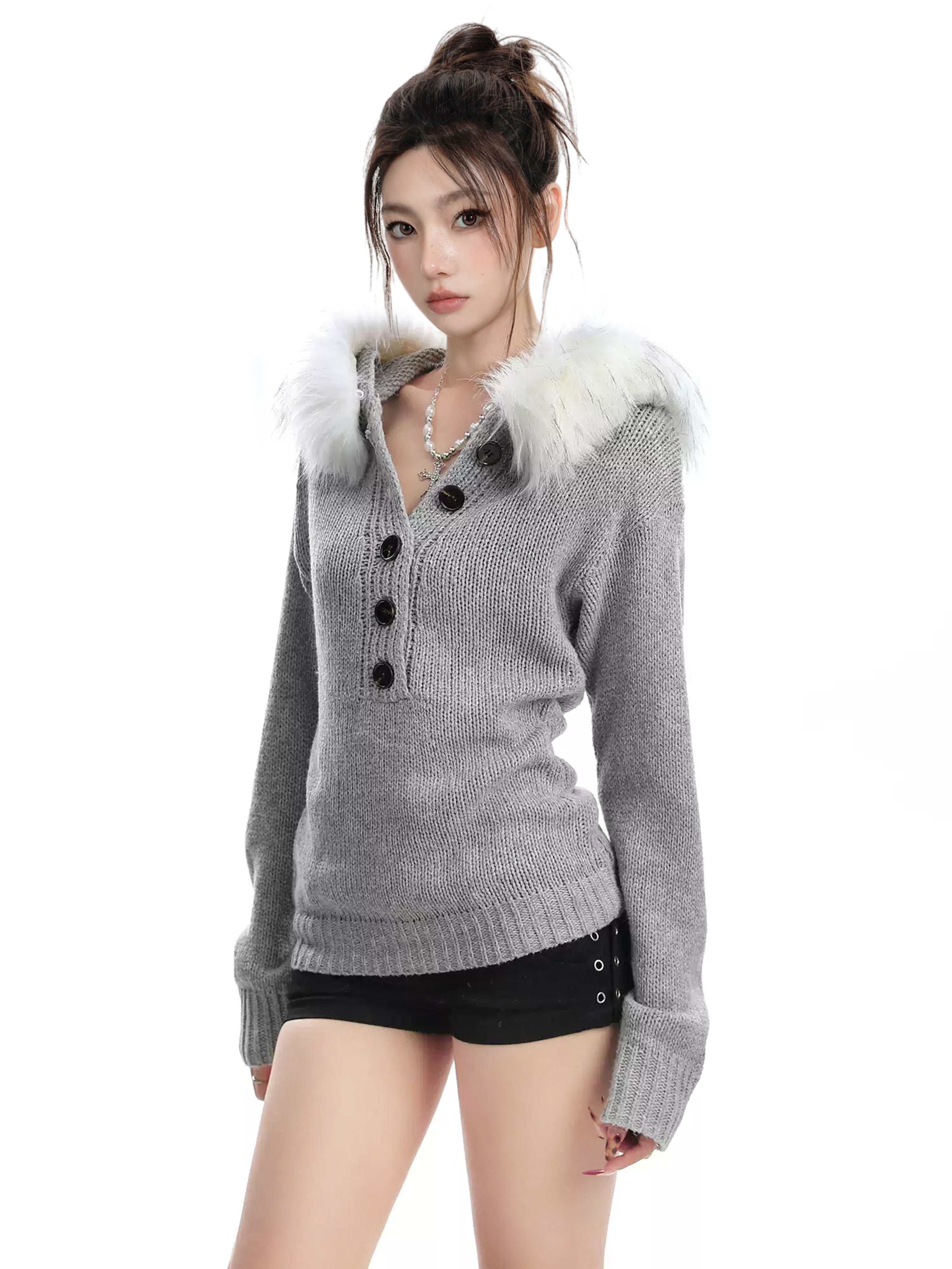 Women Slim Fit Gray Henry Neck Sweater Hooded Detachable Fur Winter Knit