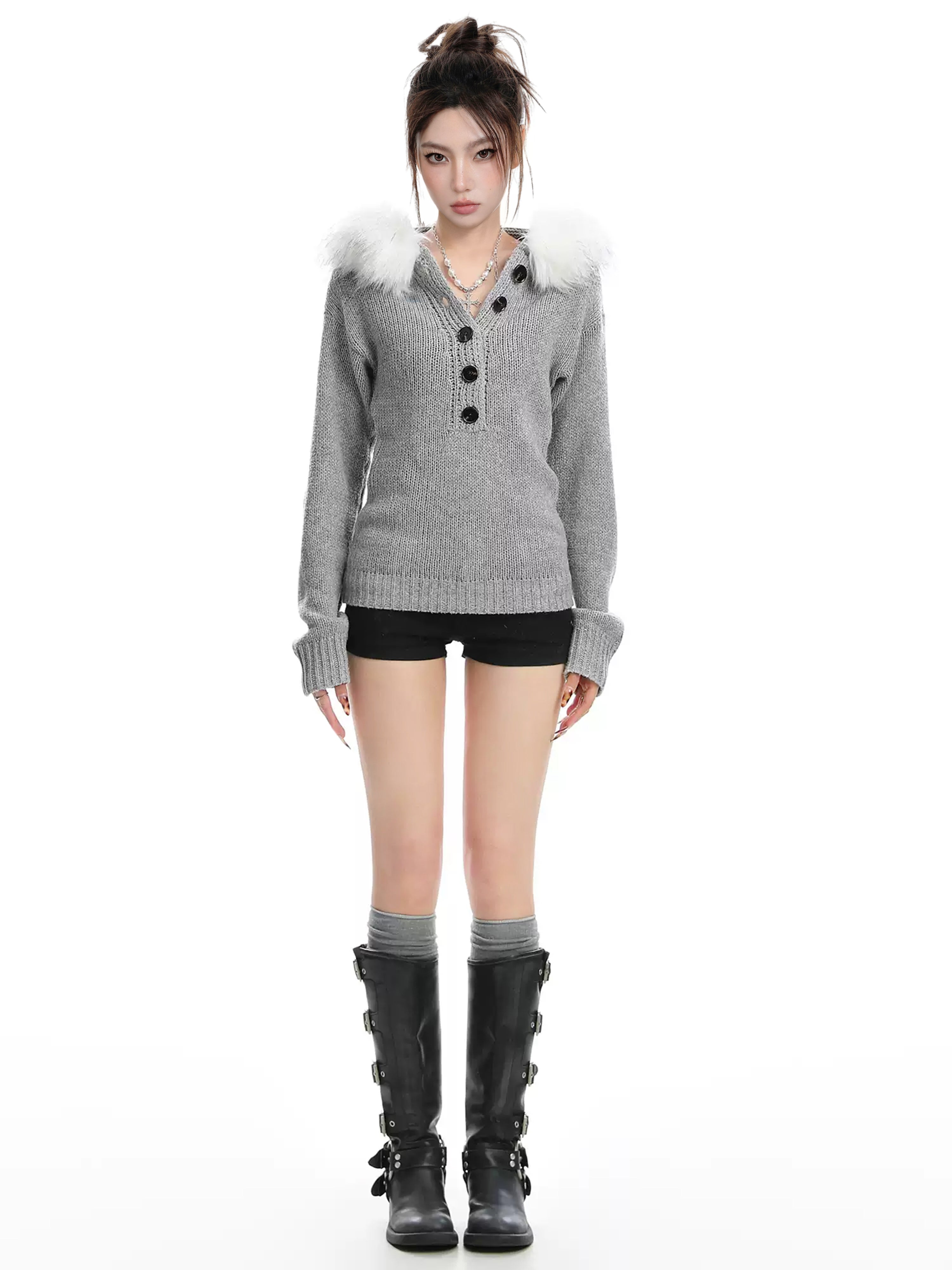 Women Slim Fit Gray Henry Neck Sweater Hooded Detachable Fur Winter Knit