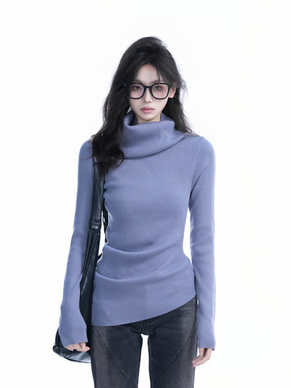 Chic Slim Fit High Neck Sweater for Women Solid Asymmetric Knitwear