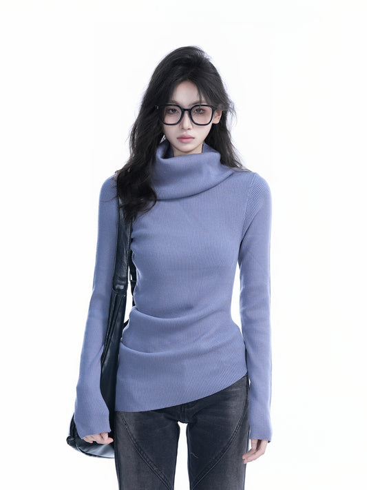 Chic Slim Fit High Neck Sweater for Women Solid Asymmetric Knitwear