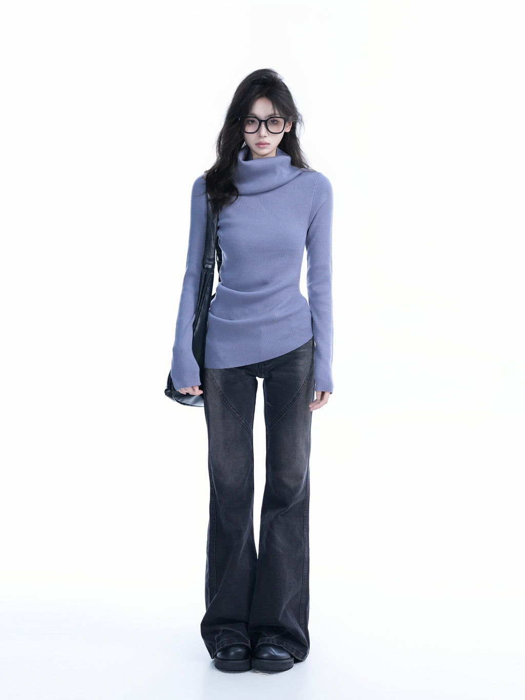 Chic Slim Fit High Neck Sweater for Women Solid Asymmetric Knitwear