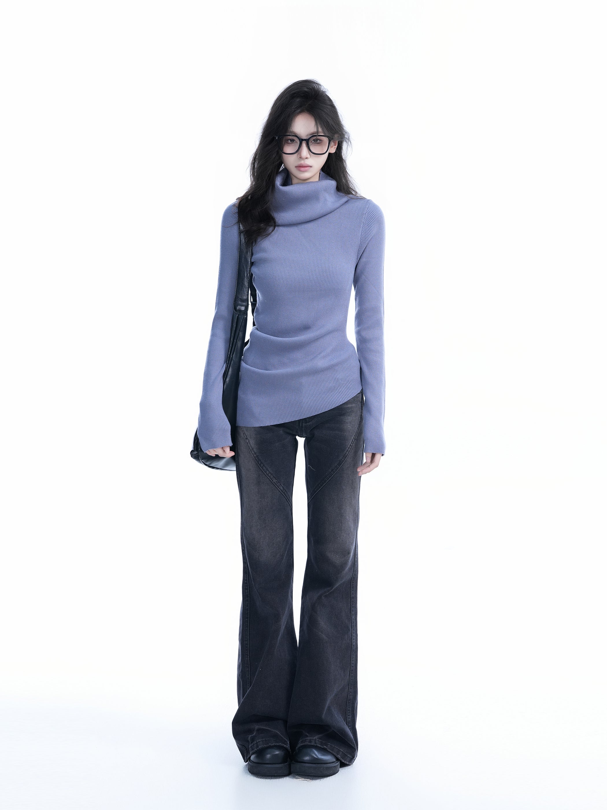 Chic Slim Fit High Neck Sweater for Women Solid Asymmetric Knitwear