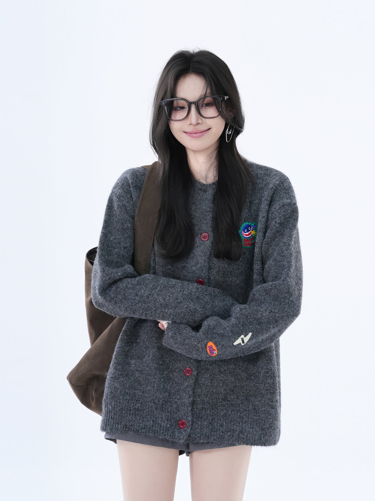 Casual Loose Knit Sweater for Women Gray Korean Style Fall Winter Jacket