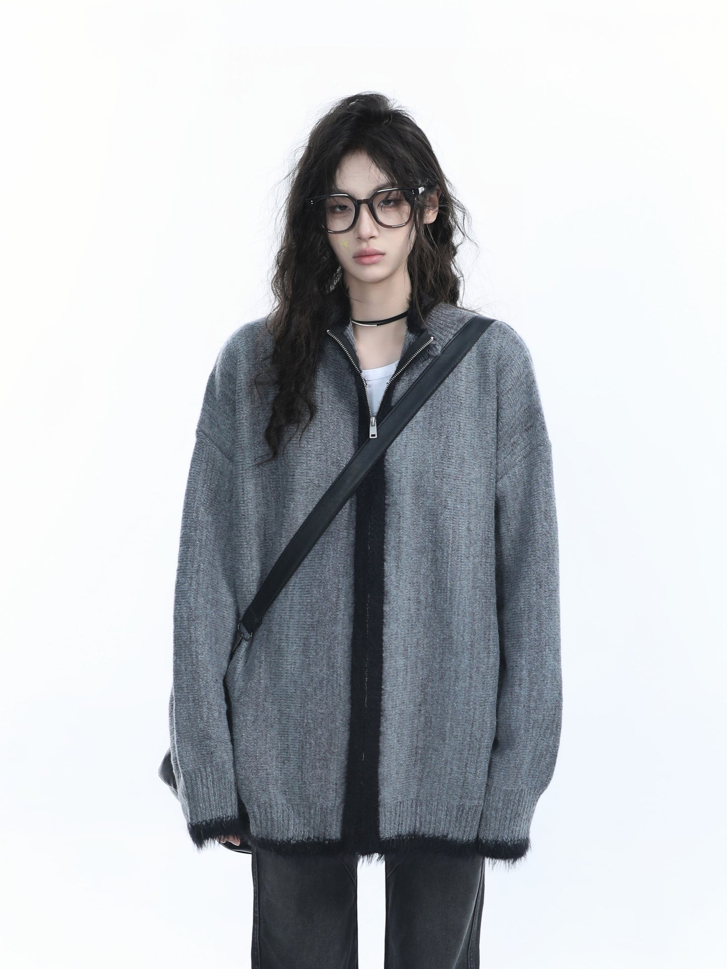 Women Loose Fit Vintage Knit Zip Cardigan Cozy Retro Sweater Jacket