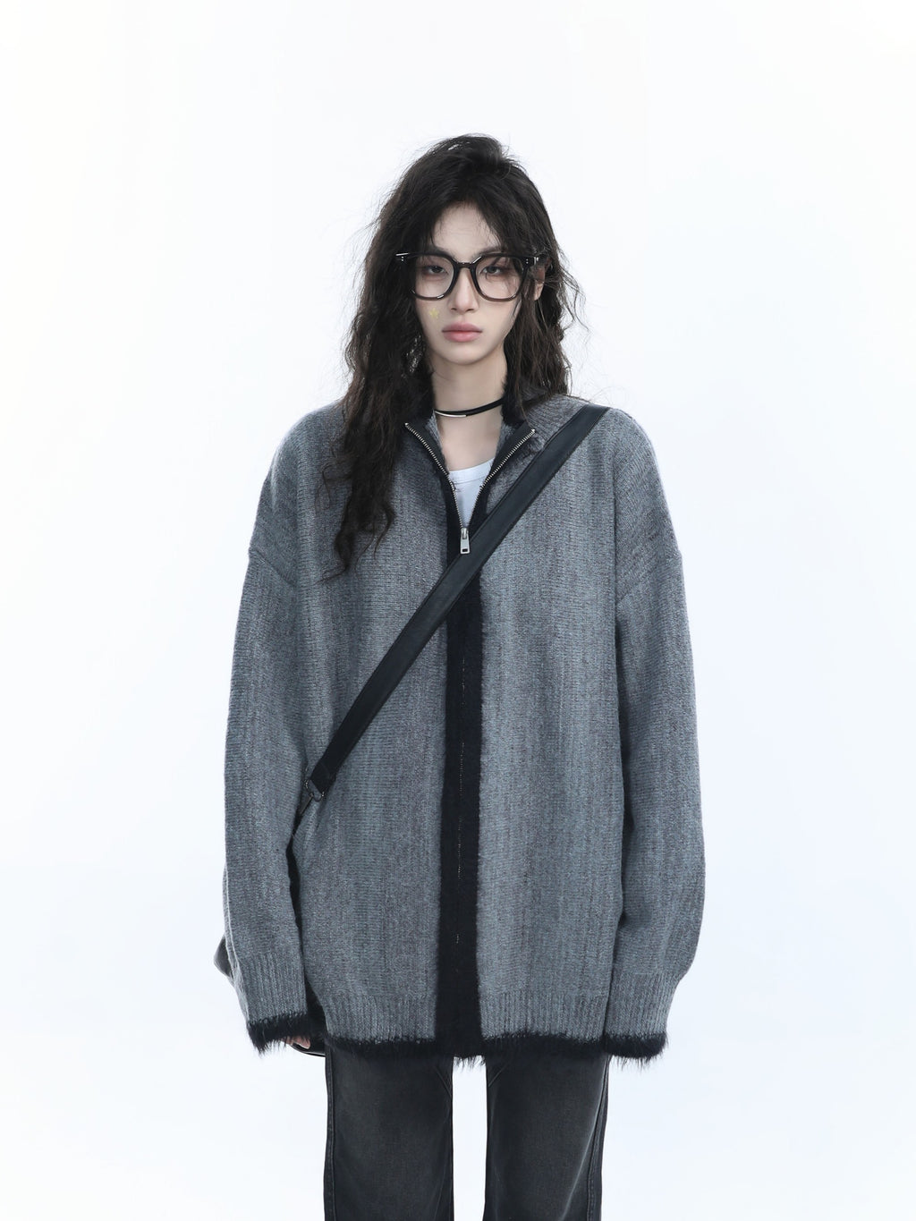 Women Loose Fit Vintage Knit Zip Cardigan Cozy Retro Sweater Jacket