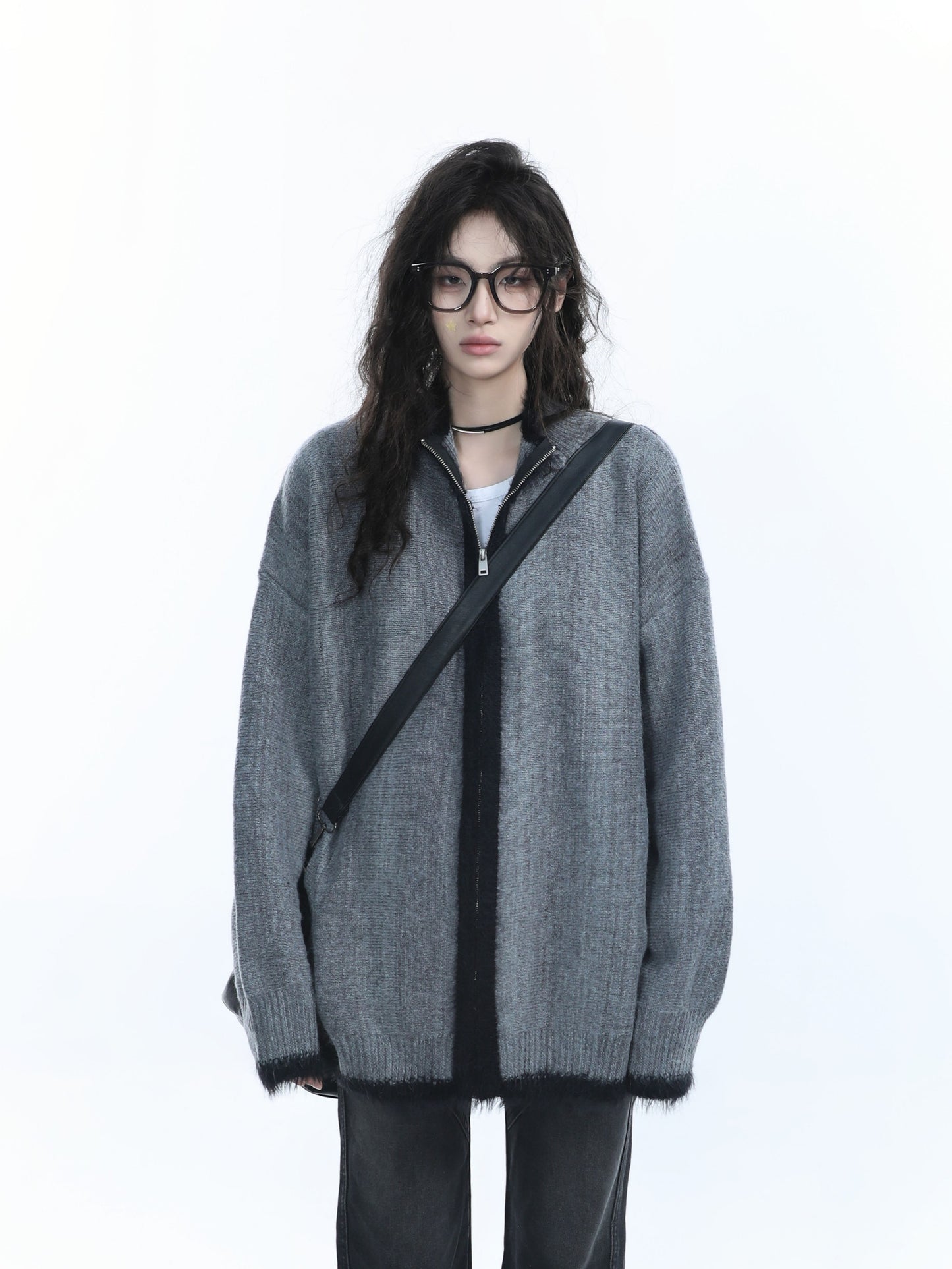 Women Loose Fit Vintage Knit Zip Cardigan Cozy Retro Sweater Jacket