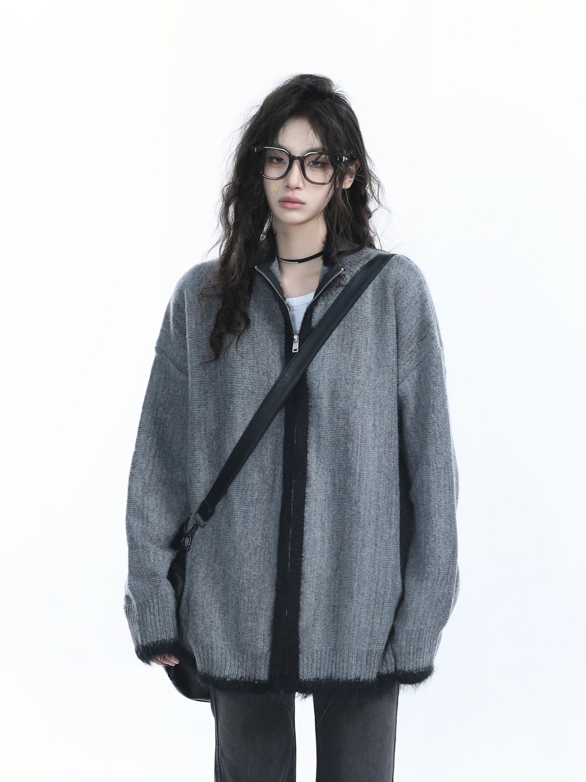 Women Loose Fit Vintage Knit Zip Cardigan Cozy Retro Sweater Jacket