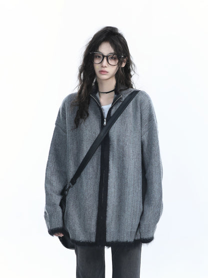 Women Loose Fit Vintage Knit Zip Cardigan Cozy Retro Sweater Jacket