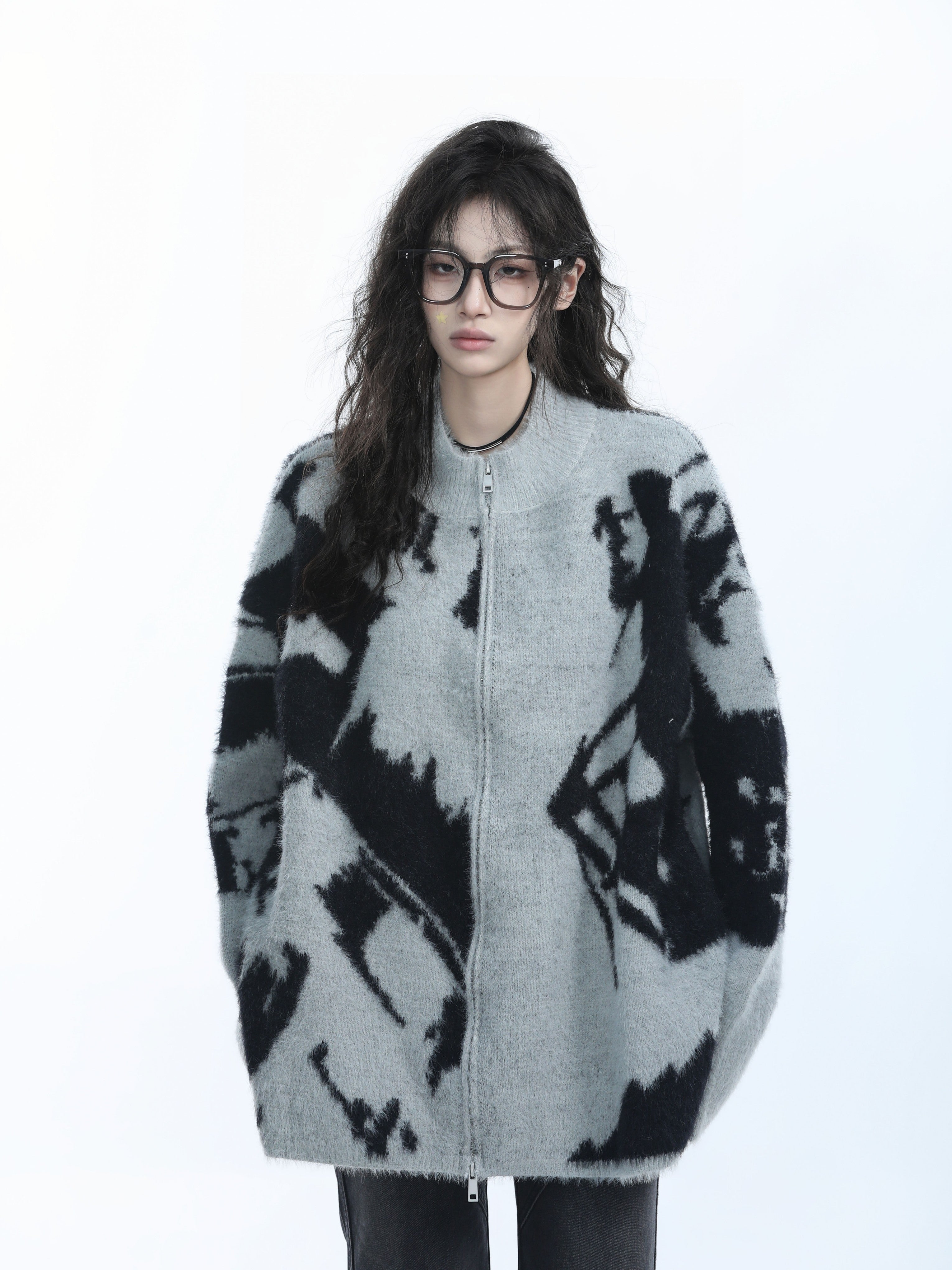 Retro Jacquard Knit Zip Cardigan for Women Loose Cozy Vintage Sweater