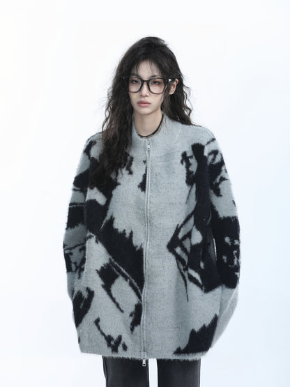 Retro Jacquard Knit Zip Cardigan for Women Loose Cozy Vintage Sweater