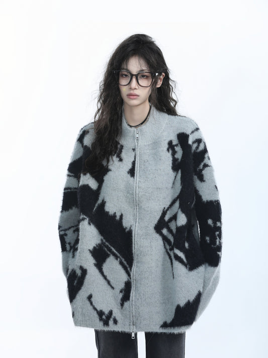 Retro Jacquard Knit Zip Cardigan for Women Loose Cozy Vintage Sweater