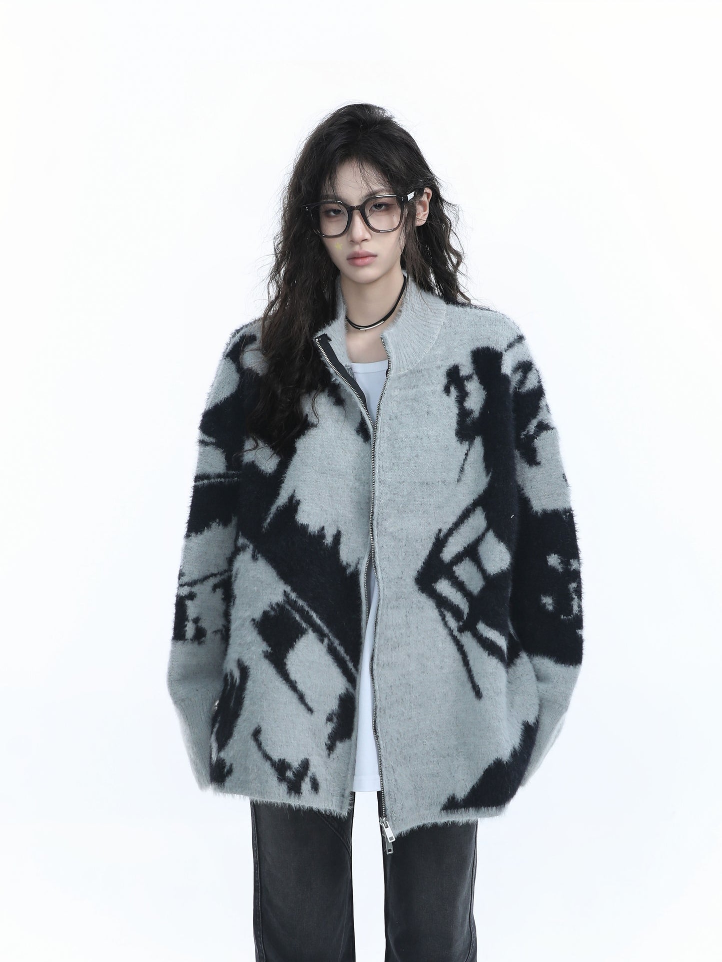 Retro Jacquard Knit Zip Cardigan for Women Loose Cozy Vintage Sweater