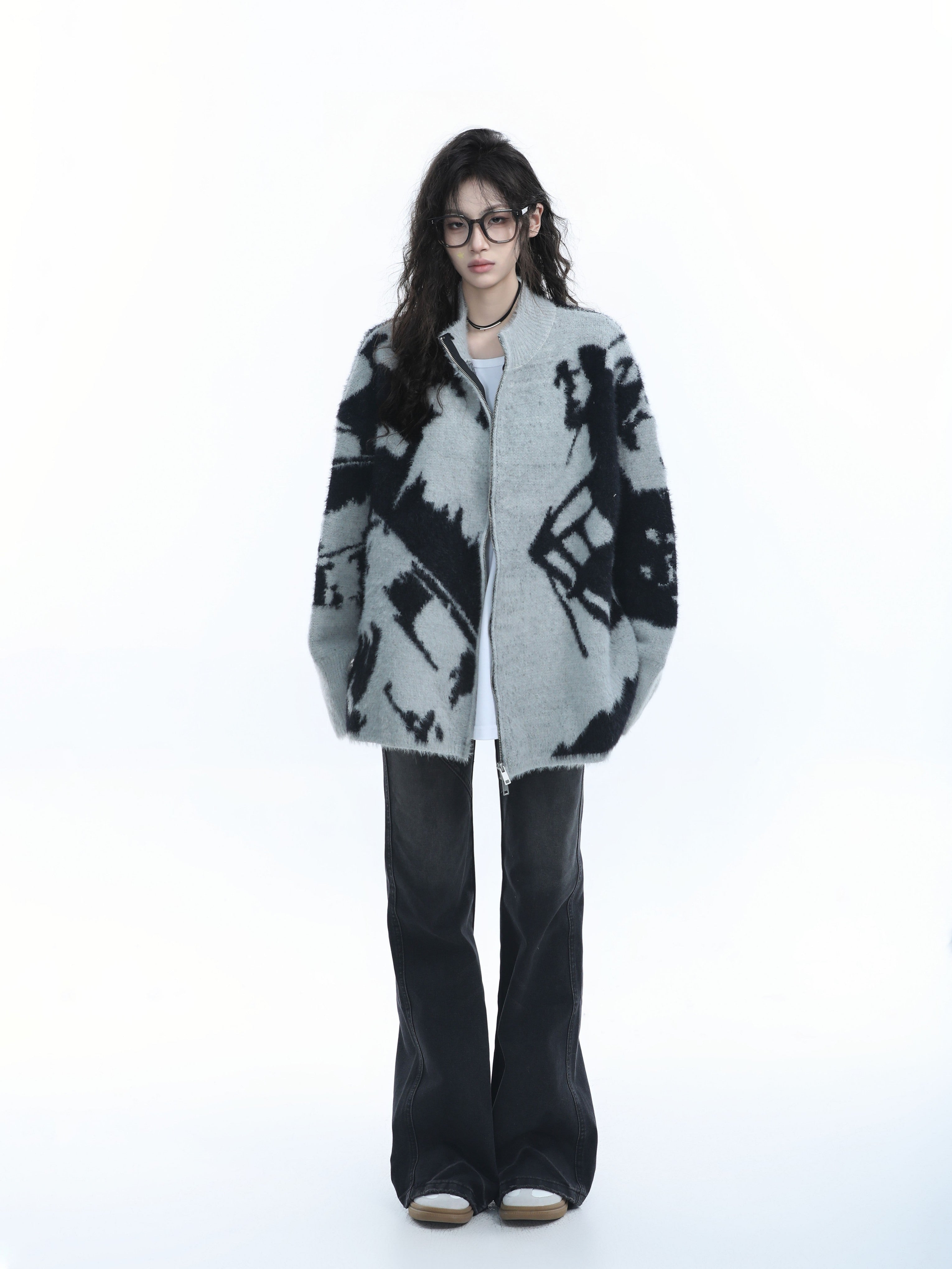 Retro Jacquard Knit Zip Cardigan for Women Loose Cozy Vintage Sweater