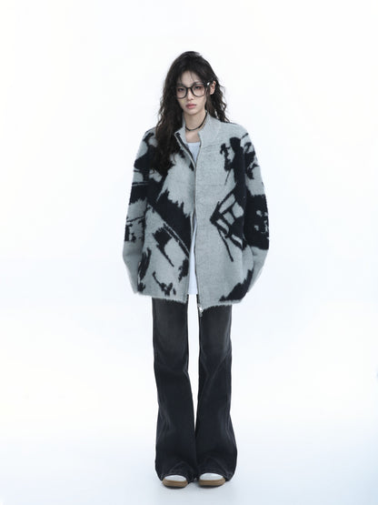 Retro Jacquard Knit Zip Cardigan for Women Loose Cozy Vintage Sweater