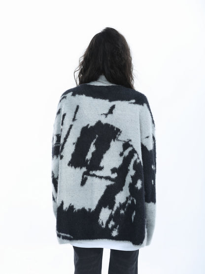 Retro Jacquard Knit Zip Cardigan for Women Loose Cozy Vintage Sweater