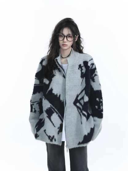 Retro Jacquard Knit Zip Cardigan for Women Loose Cozy Vintage Sweater