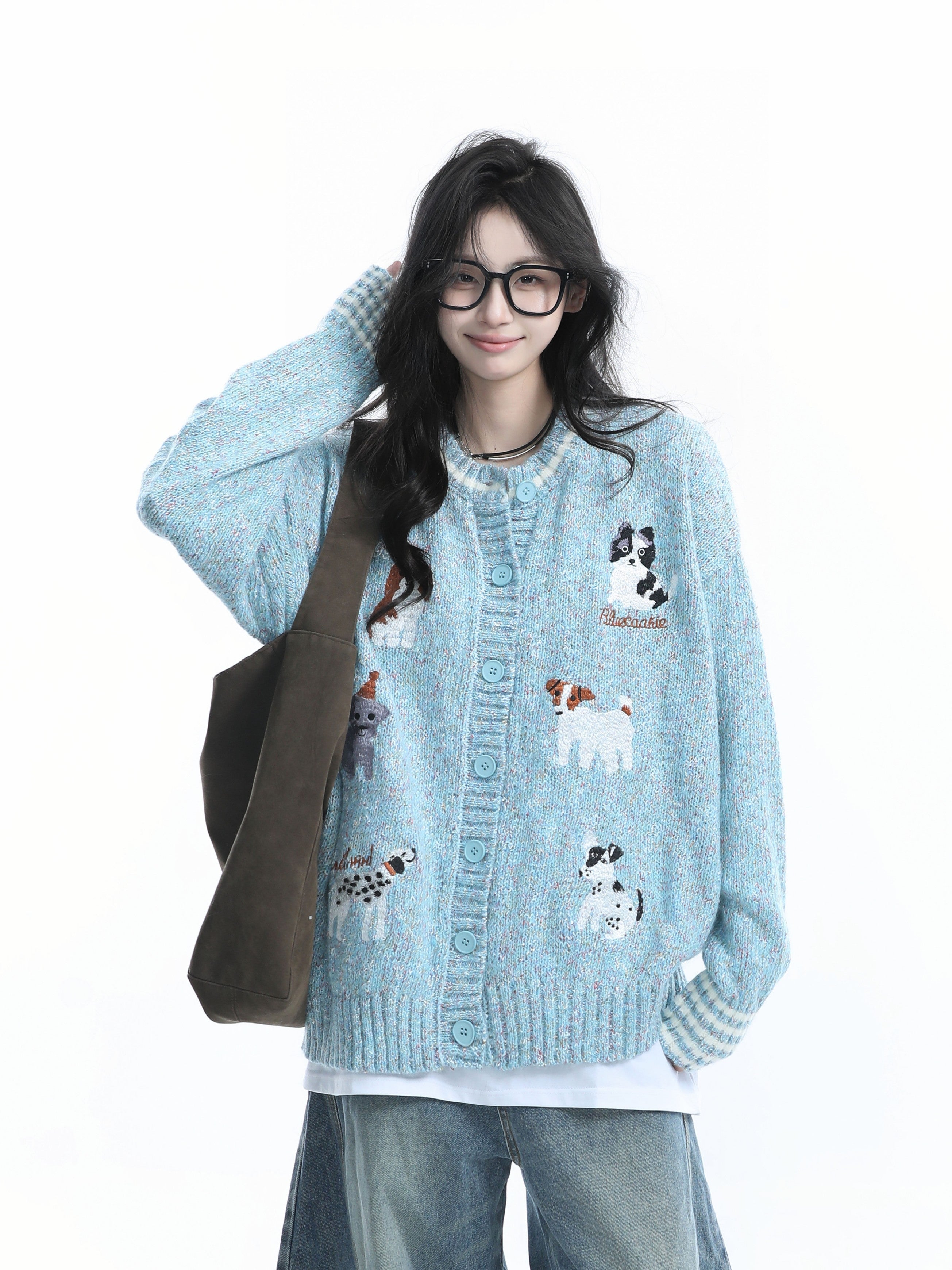 Women Loose Fit Dog Jacquard Knit Cardigan Vintage Fall Winter Sweater