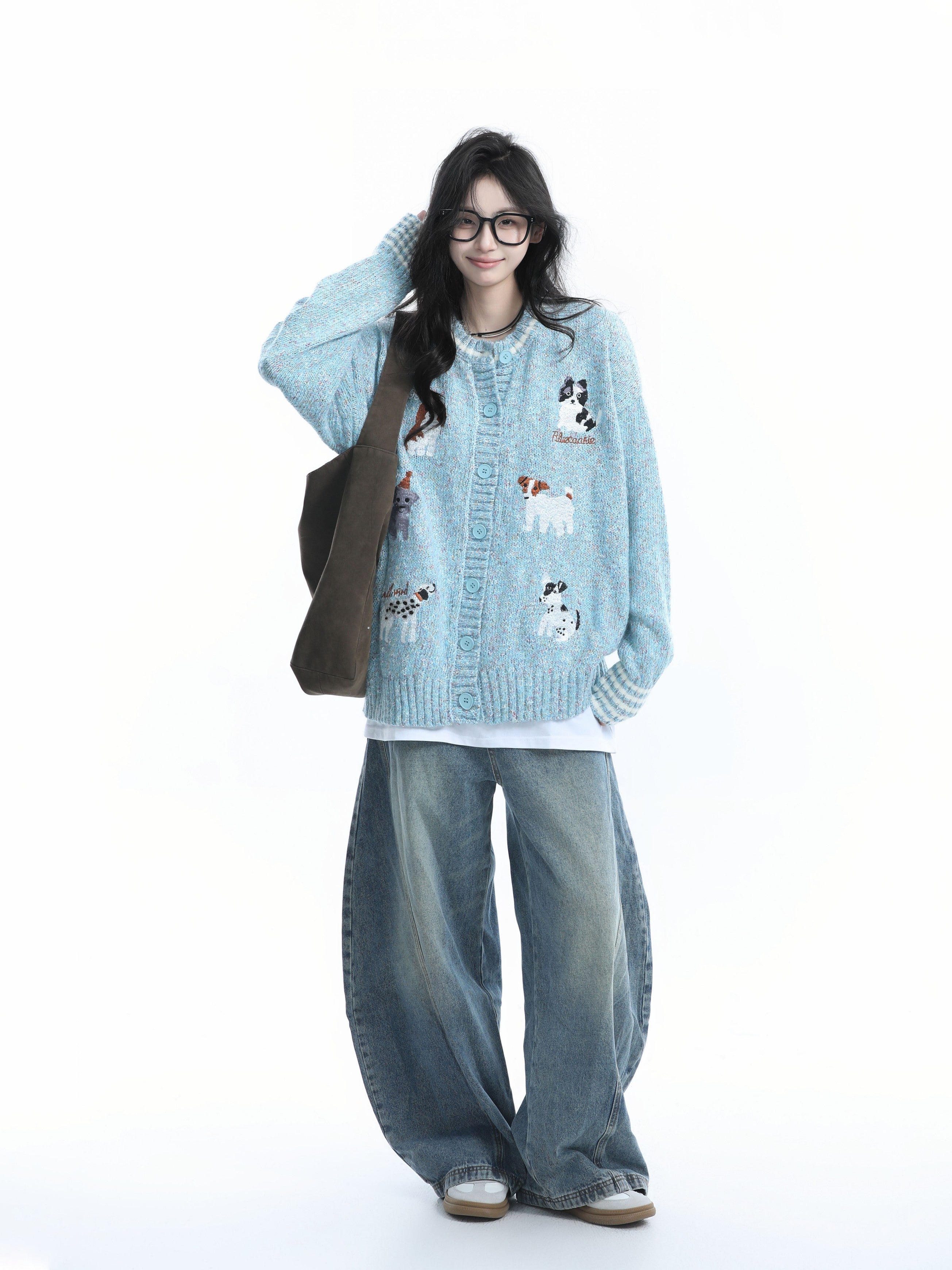 Women Loose Fit Dog Jacquard Knit Cardigan Vintage Fall Winter Sweater