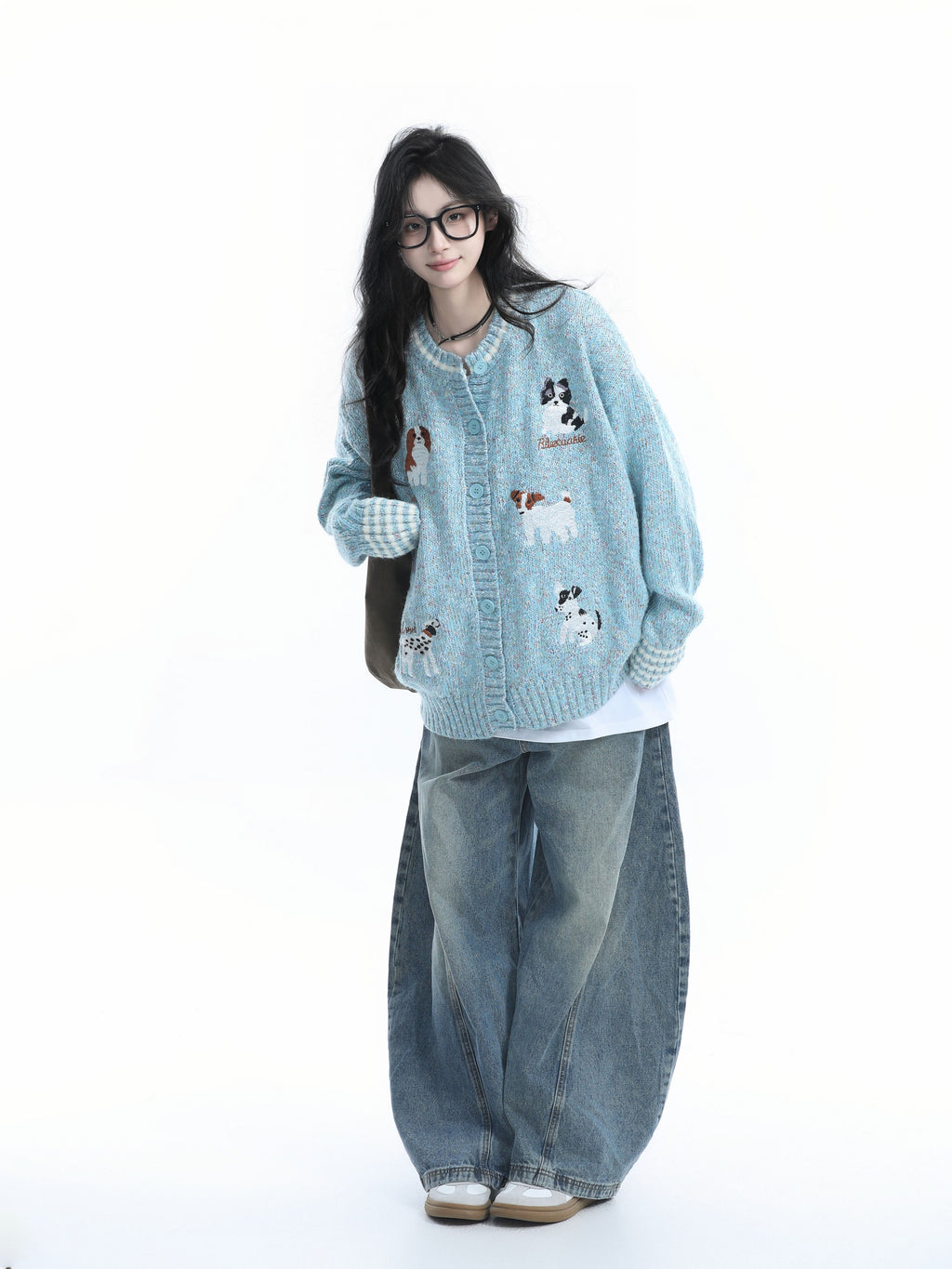 Women Loose Fit Dog Jacquard Knit Cardigan Vintage Fall Winter Sweater