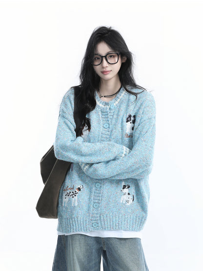 Women Loose Fit Dog Jacquard Knit Cardigan Vintage Fall Winter Sweater