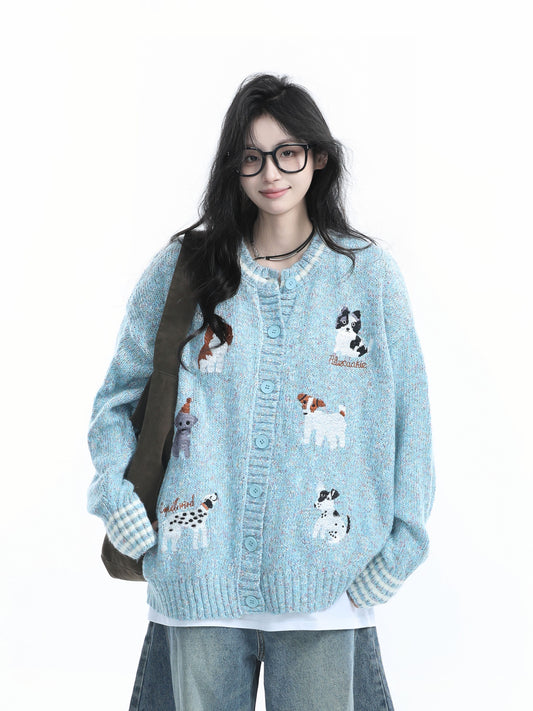 Women Loose Fit Dog Jacquard Knit Cardigan Vintage Fall Winter Sweater