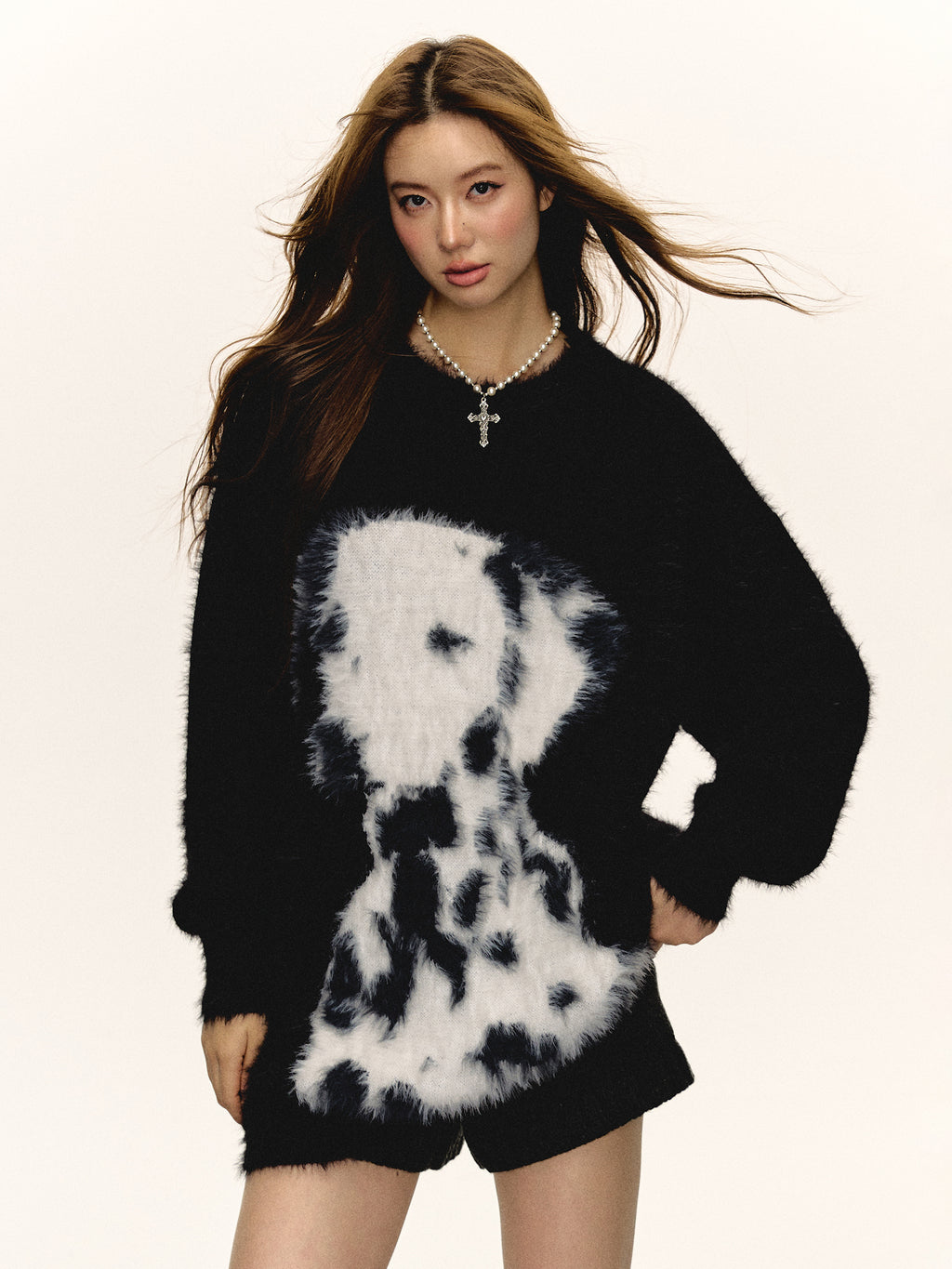 Women Loose Fit Black Dalmatian Knit Sweater Cozy Winter Cartoon Top