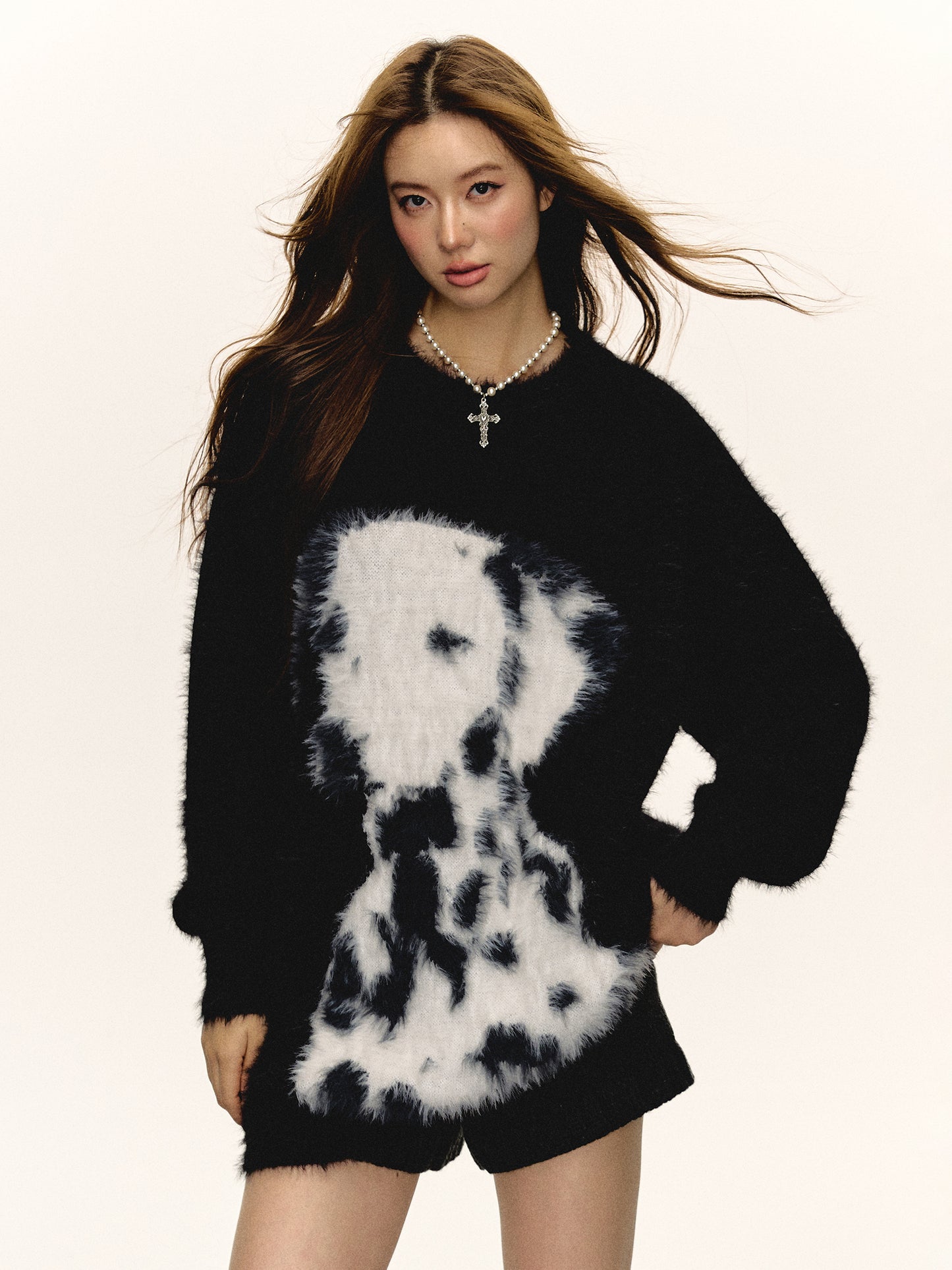 Women Loose Fit Black Dalmatian Knit Sweater Cozy Winter Cartoon Top