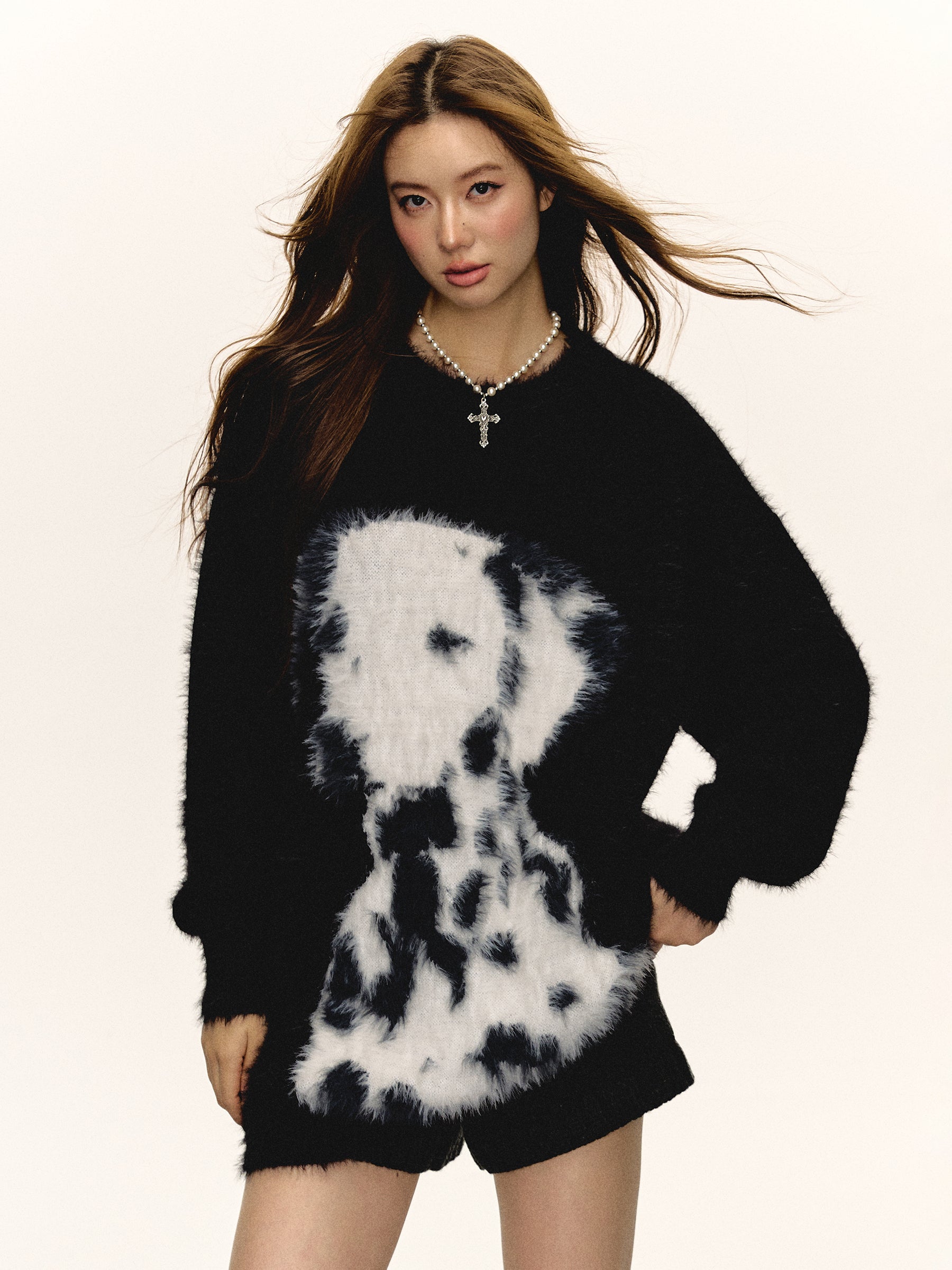 Women Loose Fit Black Dalmatian Knit Sweater Cozy Winter Cartoon Top