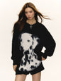 Women Loose Fit Black Dalmatian Knit Sweater Cozy Winter Cartoon Top