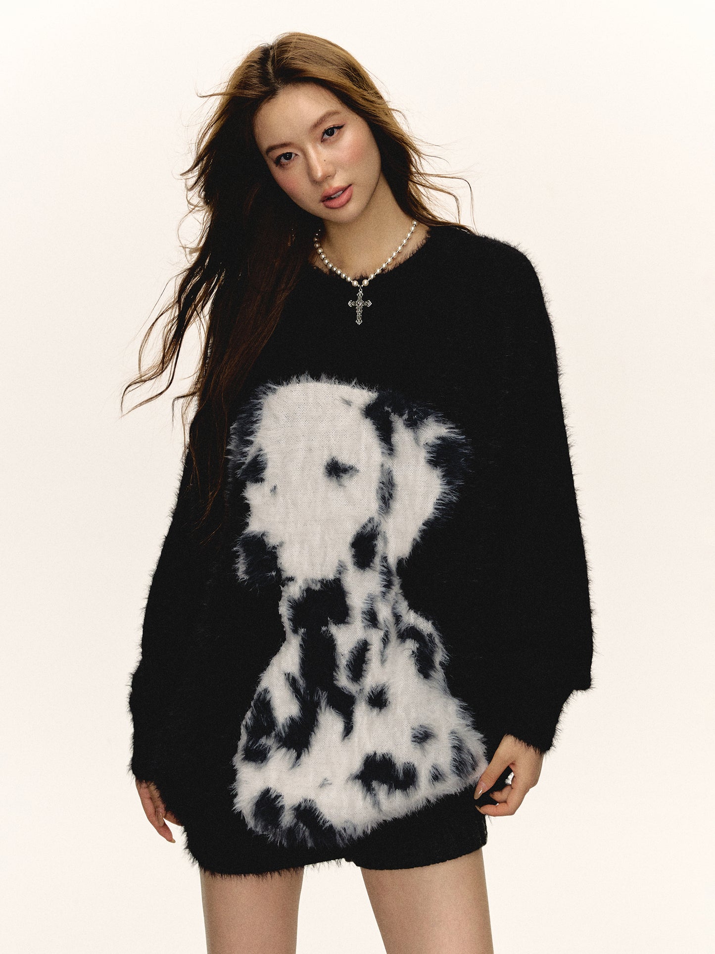 Women Loose Fit Black Dalmatian Knit Sweater Cozy Winter Cartoon Top
