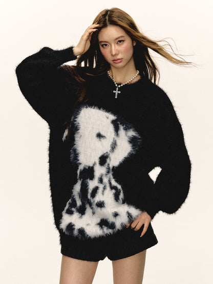 Women Loose Fit Black Dalmatian Knit Sweater Cozy Winter Cartoon Top