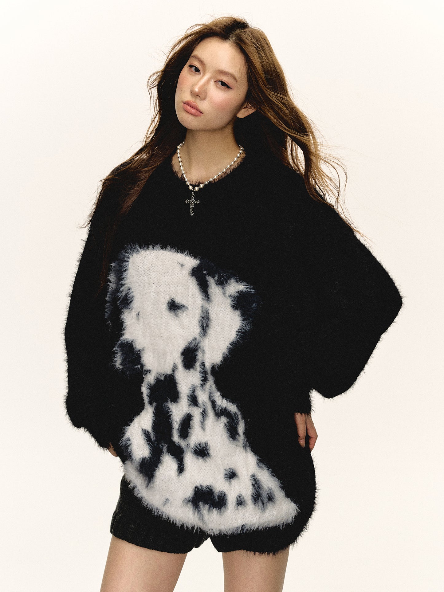 Women Loose Fit Black Dalmatian Knit Sweater Cozy Winter Cartoon Top