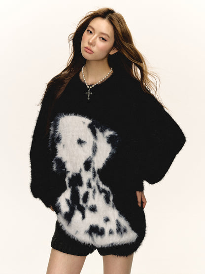 Women Loose Fit Black Dalmatian Knit Sweater Cozy Winter Cartoon Top