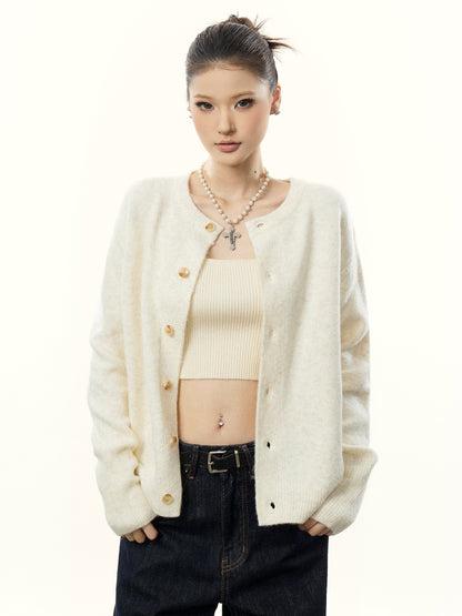 Cozy Ivory Knit Cardigan for Women Button Up Fall Winter Loose Sweater