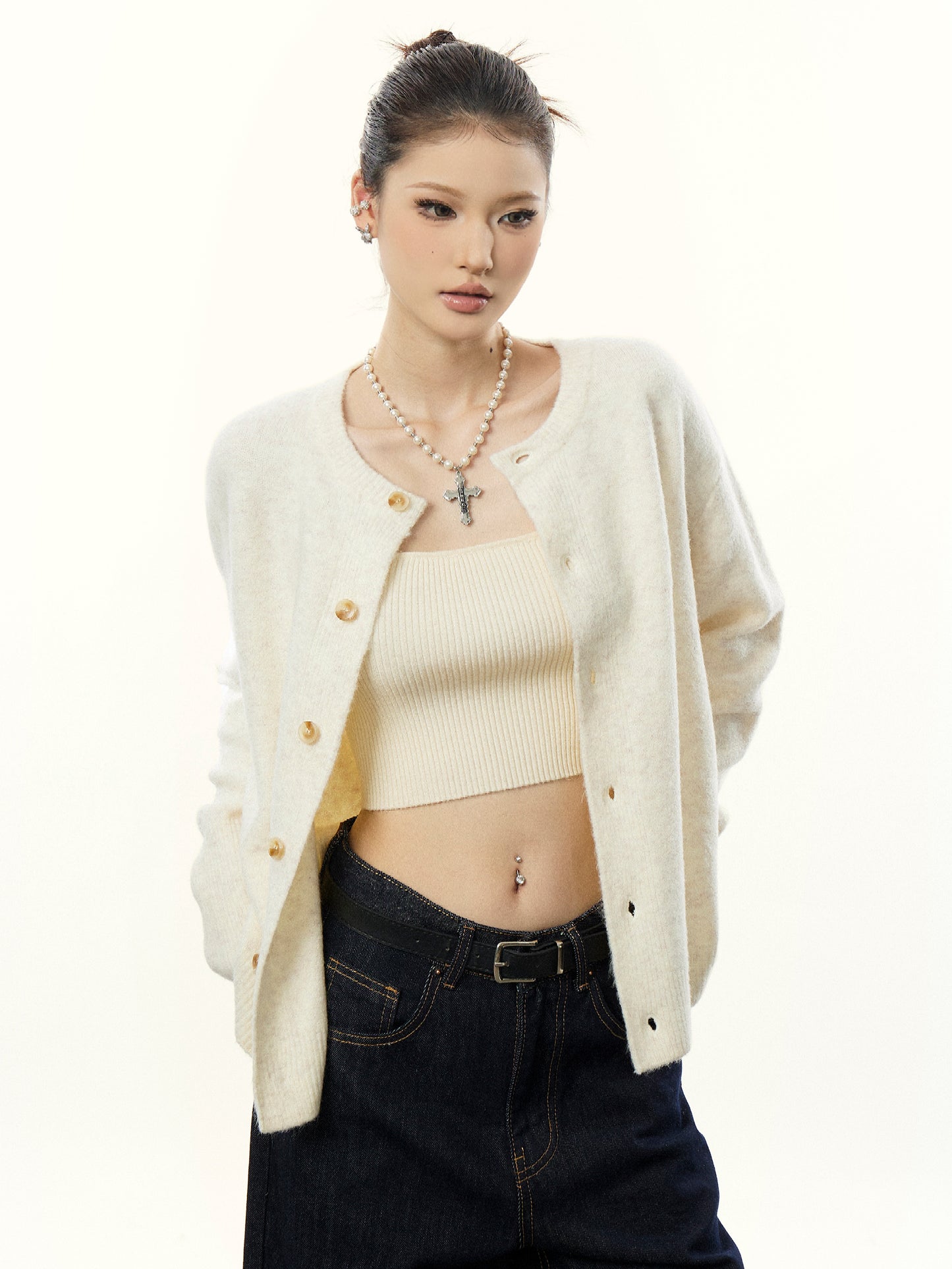 Cozy Ivory Knit Cardigan for Women Button Up Fall Winter Loose Sweater