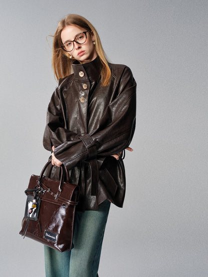 Elegant Vintage Leather Short Jacket for Women Stand Collar Loose Coat