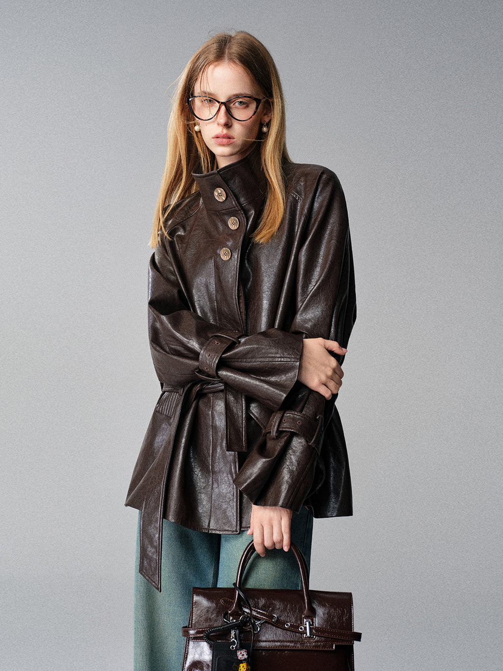 Elegant Vintage Leather Short Jacket for Women Stand Collar Loose Coat