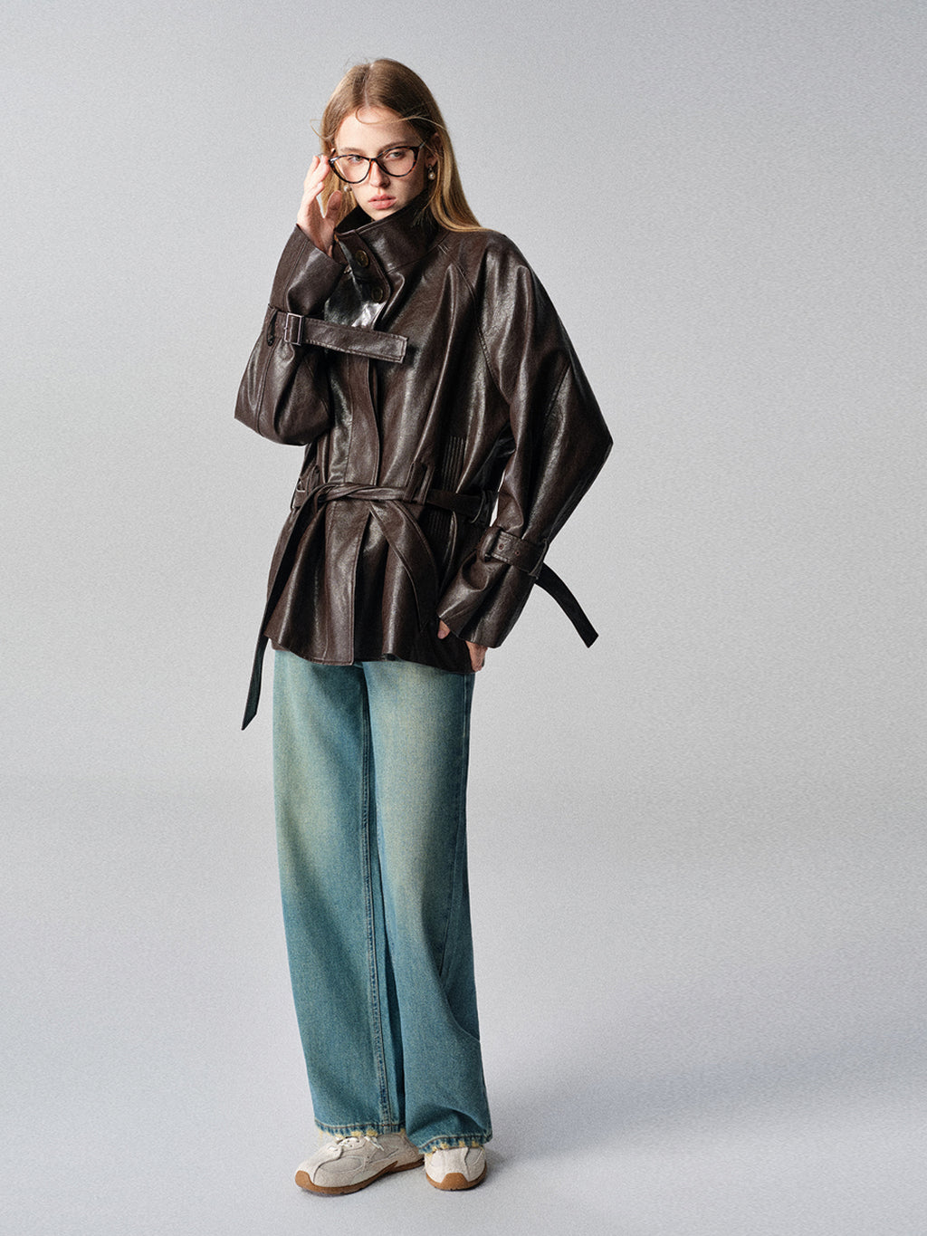 Elegant Vintage Leather Short Jacket for Women Stand Collar Loose Coat