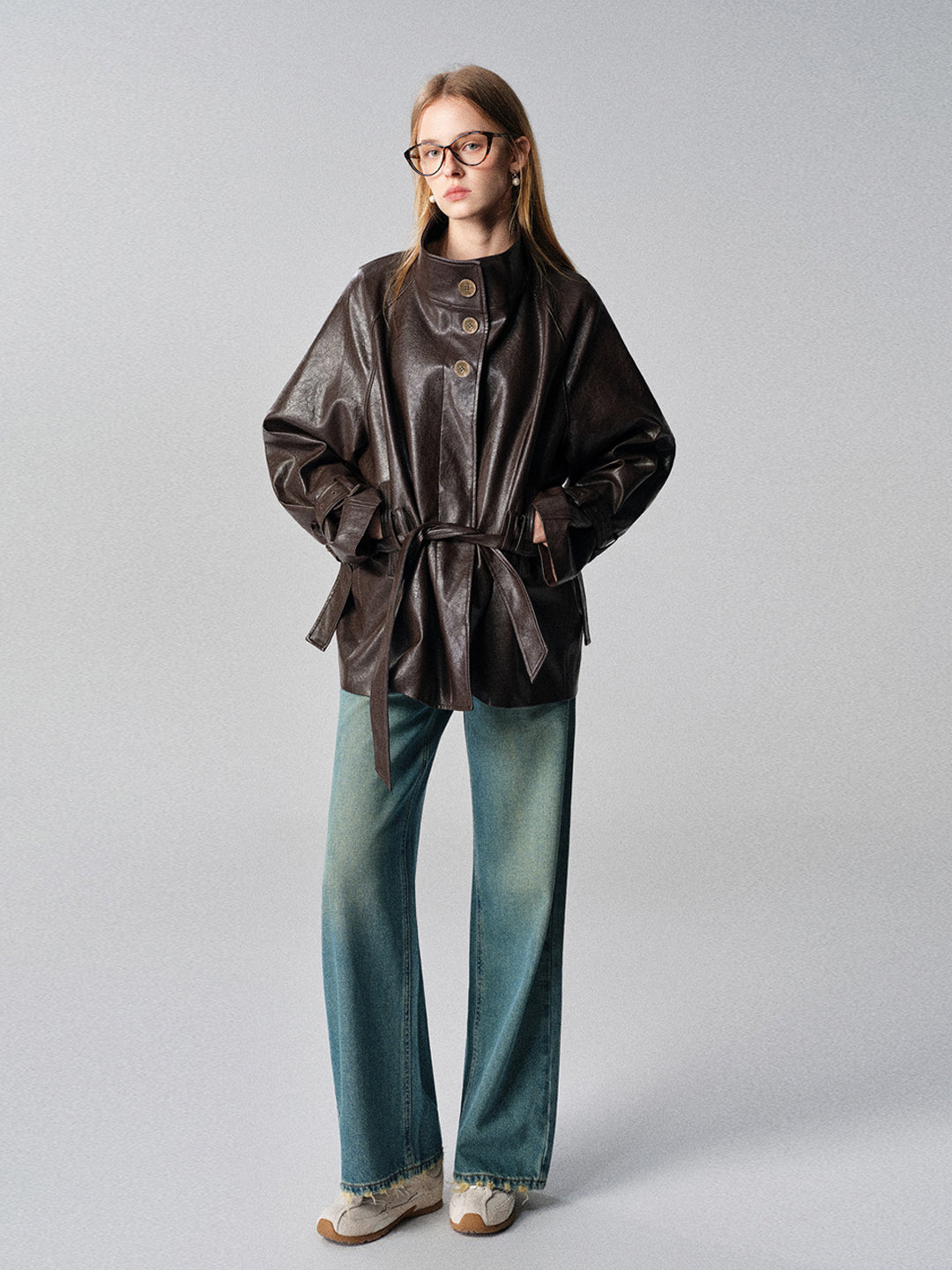 Elegant Vintage Leather Short Jacket for Women Stand Collar Loose Coat